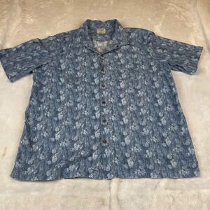 LL Bean Mens XL Blue Leaf Print Cotton Button Down Camp Shirt 300229 Traditional